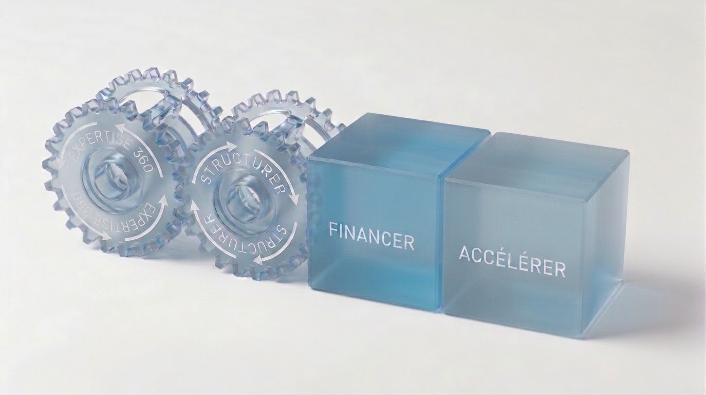 Cubes se transformant en engrenages Structurer, Financer, Accélérer, Expertise 360