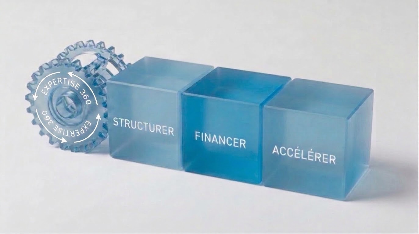 Les cubes Structurer, Financer, Accélérer reliés à un engrenage Expertise 360